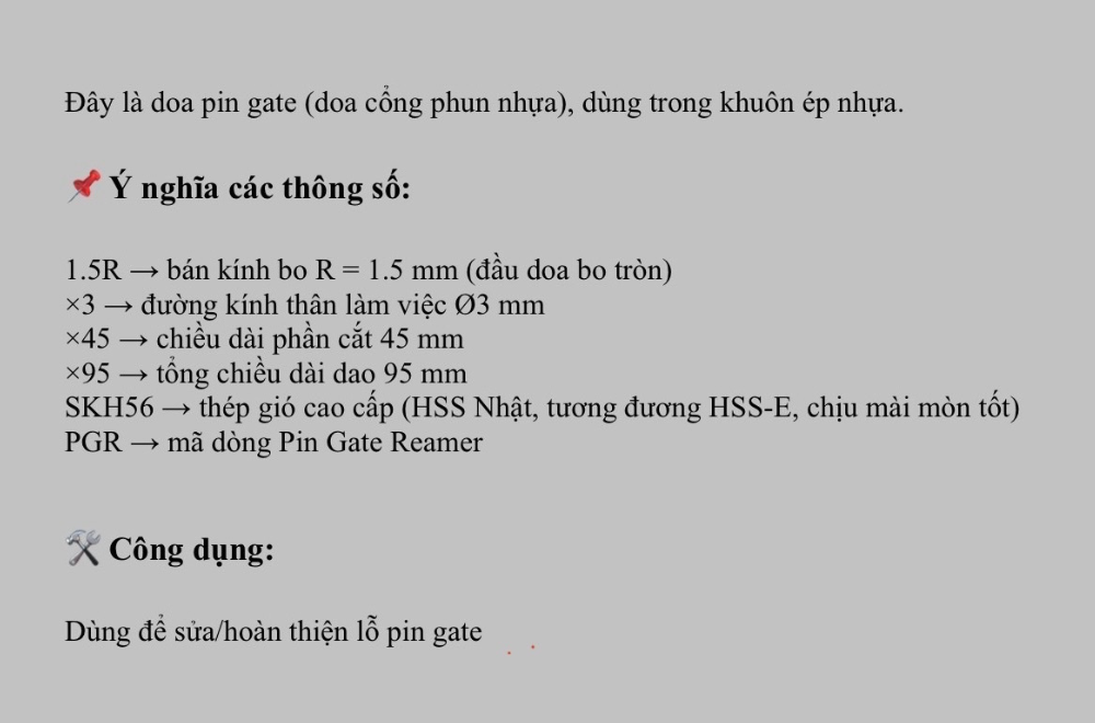 Doa pin gate cổng phun nhựa R1.5mm